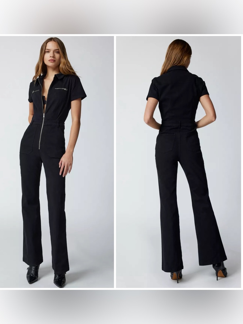 Pistola Martina Black Zip Up Flare Jumpsuit Short Sleeve Cotton Twill Sz XS